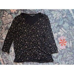 Briggs New York Women's Black Beige Floral Knit V-Neck 3/4 Sleeve Blouse L